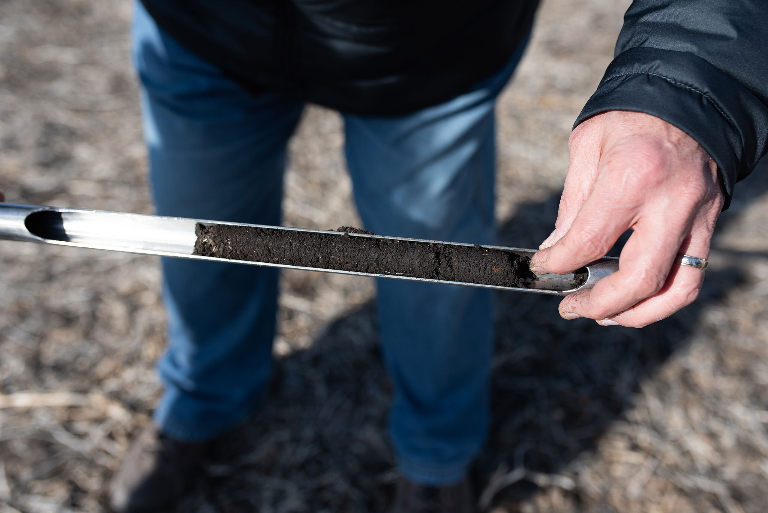 A person holds a soil sample loaded with a soil core.
